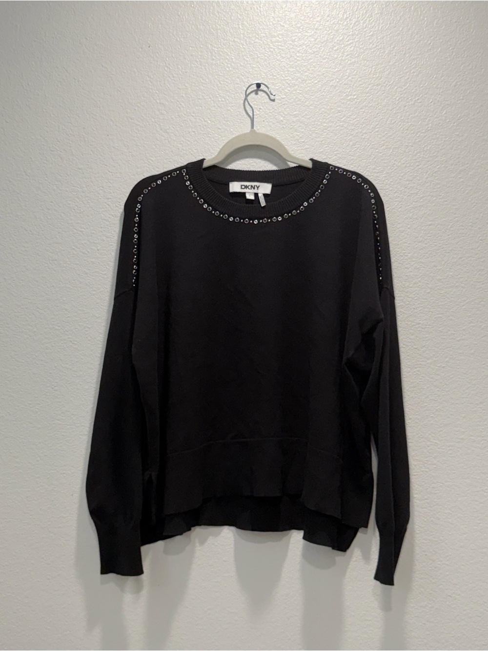 DKNY Black Studded Knit Sweater Quiet Luxury Minimalist Chic Size L